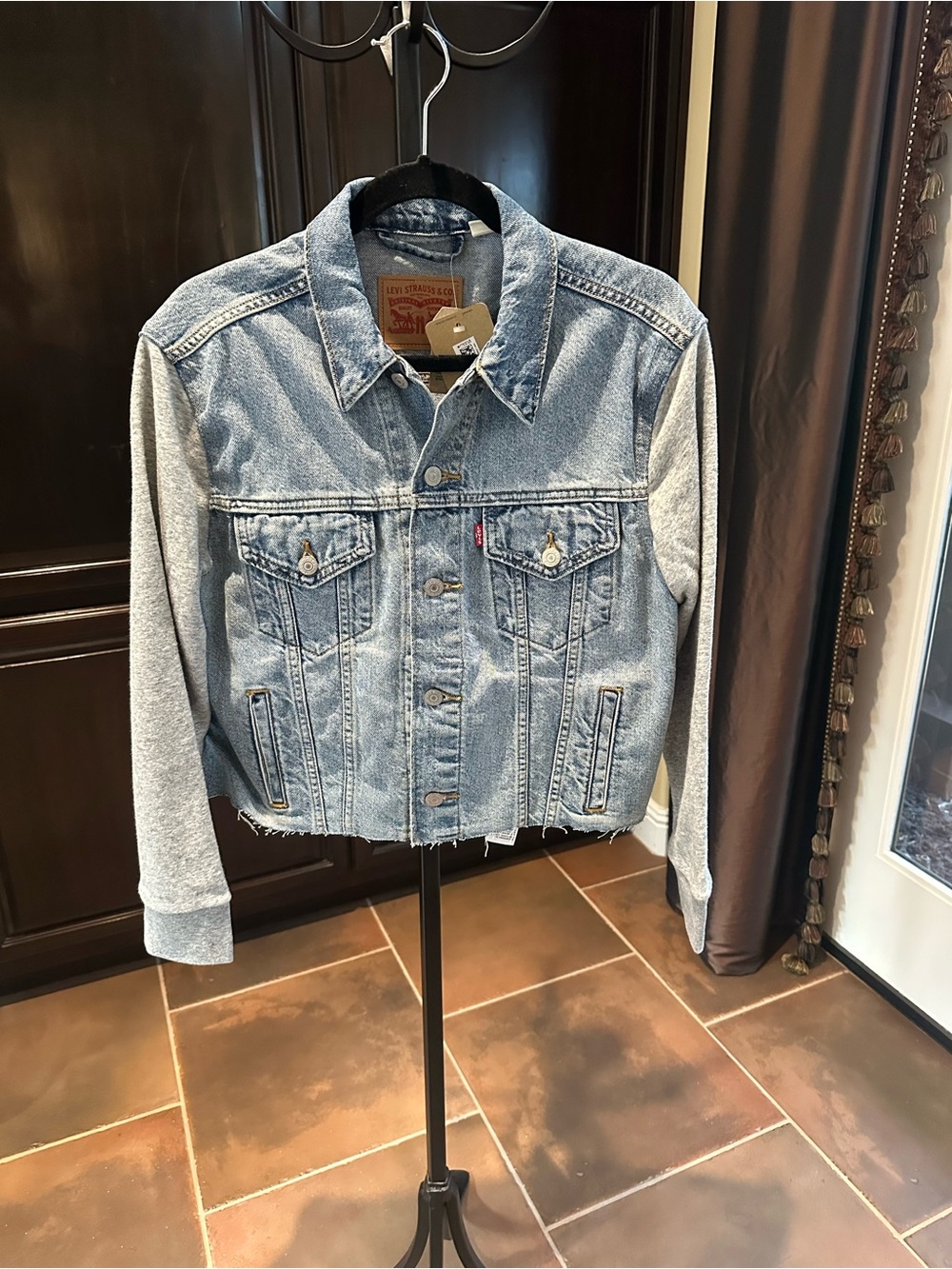 Levi's Light Blue Denim Jacket with Gray Knit Sleeves